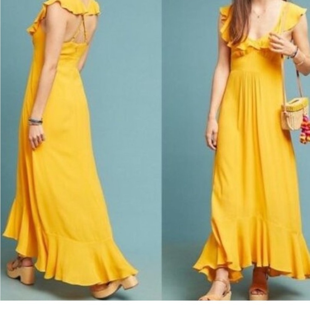 Larke X Anthropologie Dress Womens Sz 0Petite Yellow Ruffles Maxi NWT
